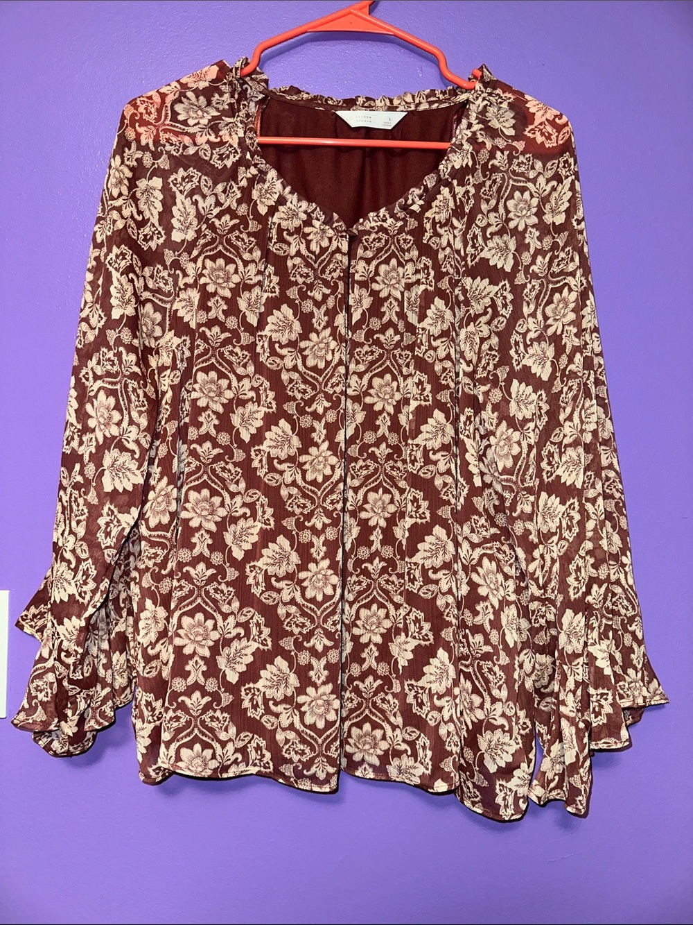 LC Lauren Conrad Burgundy Floral Peasant Blouse